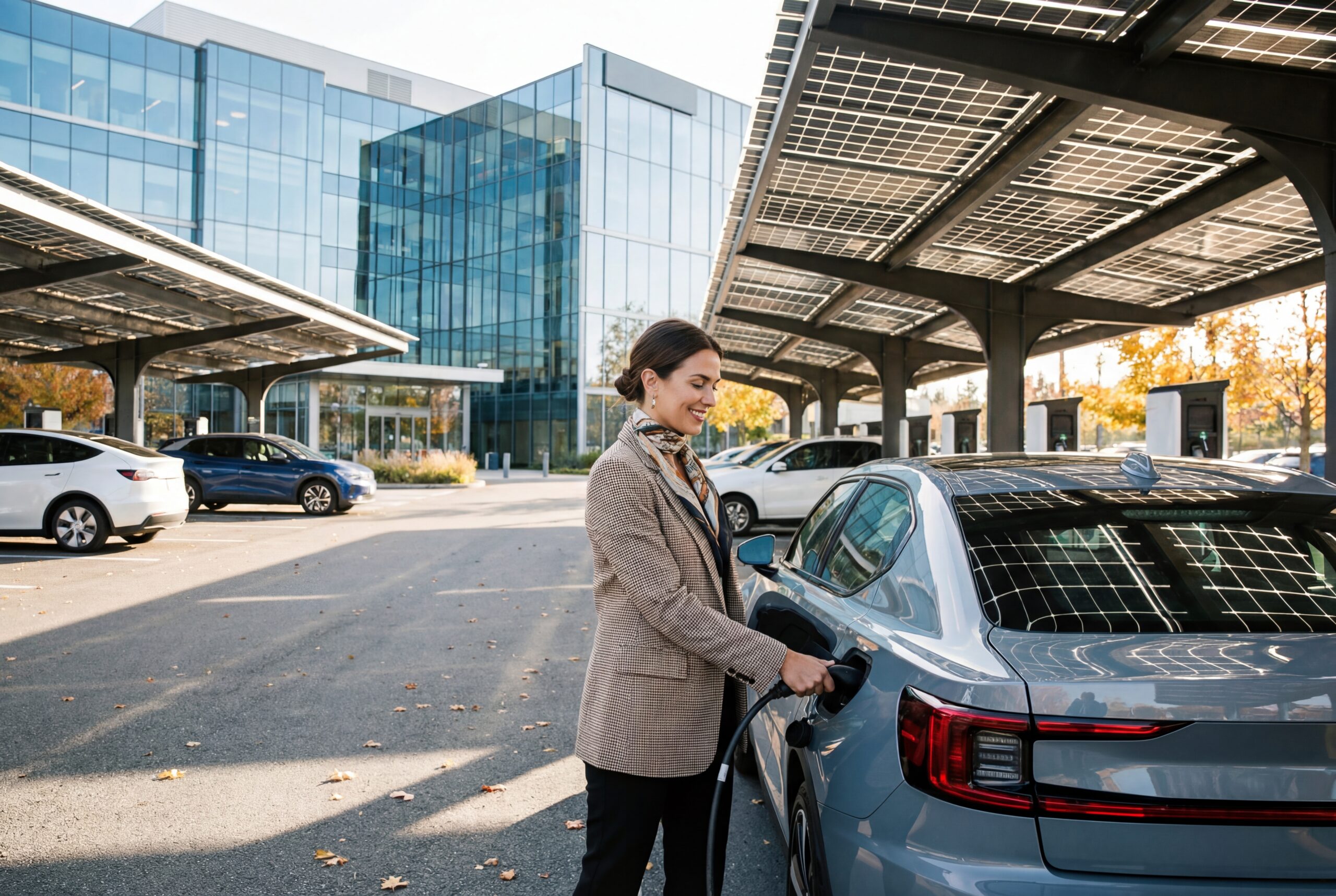 Kvinna laddar bilen utanför kontor