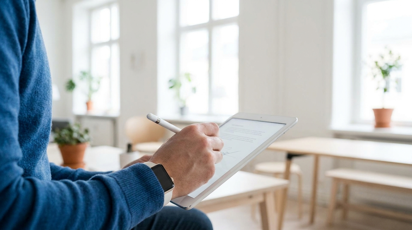 Person skriver under ett dokument digitalt med penna på en surfplatta